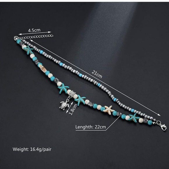 Boho Blue Starfish Turtle Multilayer Anklet - Picture 6 of 9